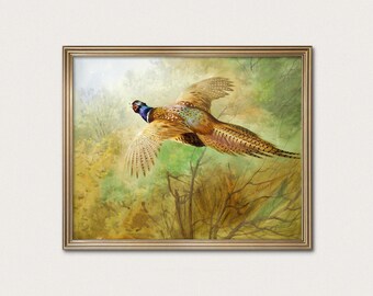 Pheasant in Flight Game Bird - forest landscape painting, flying bird print · Digital Download