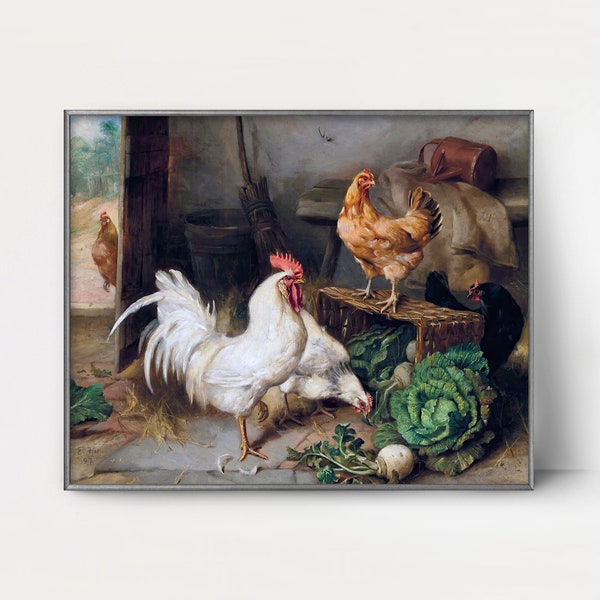 Kippen in een schuur uit 1890 haanschilderij --- antiek kippenkunstwerk | haan kunst aan de muur, rustieke kippenkunst, boerderij kunst aan de muur