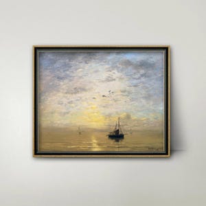 Marine Harbor Seascape Painting Printable - ocean sunrise print, antique sailboat print