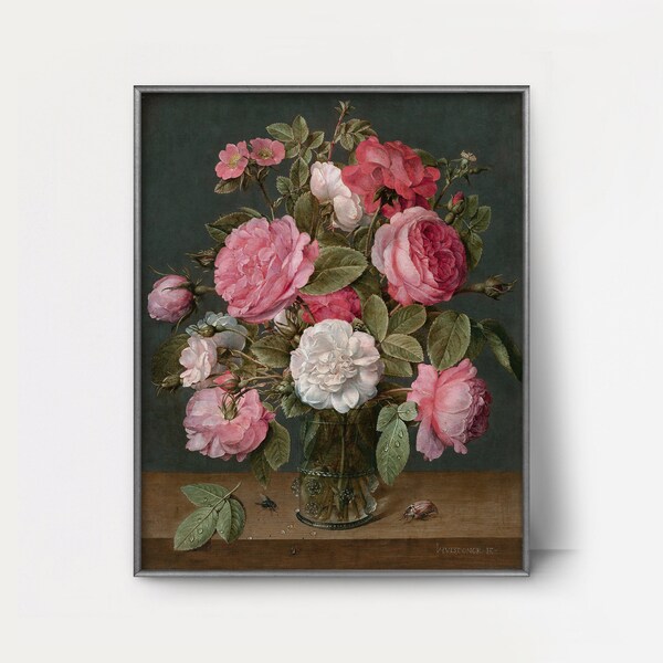 Roses in a Glass Vase 17th Century Floral Still Life --- antique french flower painting, summer rose art, romantic pink rose