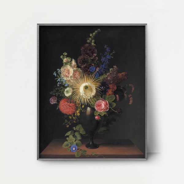 Queen of the Night 1850s Floral Still Life -- exotic flower painting, tropical flowers, blossoming cactus print, dark botanical