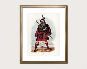 Jefe del clan MacLean — R.R. McIan, c. 1840. Grabado del clan de las Tierras Altas. Arte escocés de tartán. (Descarga digital)