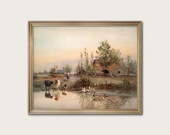 Vintage Farmhouse Watercolor Print, American Barn Landscape (Digital Download)