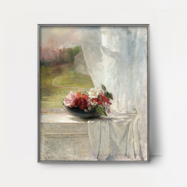 Flowers on a Window Ledge 1860s Rose Painting --- red roses, feminine wall art, romantic bedroom window painting, bouquet print