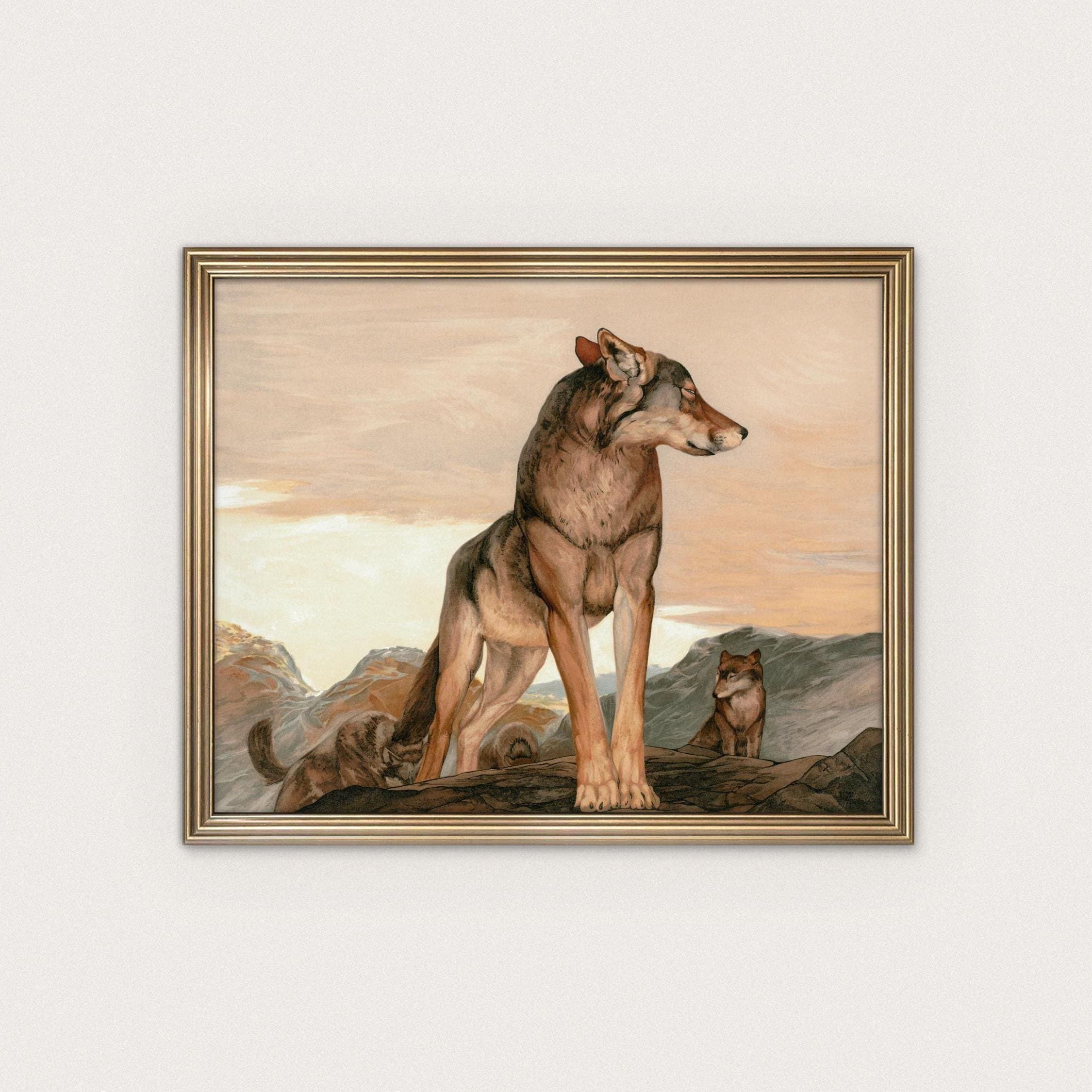 Purple Sunset Wolf Art Print featuring a tranquil lake
