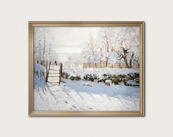 The Magpie Monet Print - french farmhouse impressionist painting, snow wall art · Digital Download