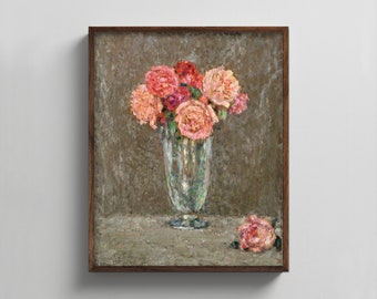 Roses 1930s Modern Art Still Life --- impressionist flower painting, orange flower art, rose bouquet print, french floral decor