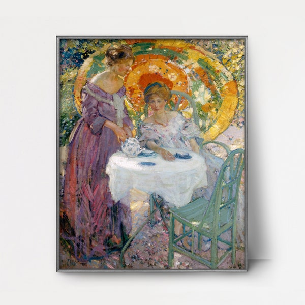 1900s Afternoon Tea Art Nouveau Print --- sunlit landscape, japanese parasol art nouveau painting, french countryside DOWNLOAD