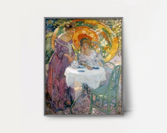 1900s Afternoon Tea Art Nouveau Print --- sunlit landscape, japanese parasol art nouveau painting, french countryside DOWNLOAD