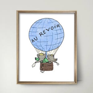 Arte imprimible de pared para guardería con globos aerostáticos: regalo para baby shower de Babar el elefante