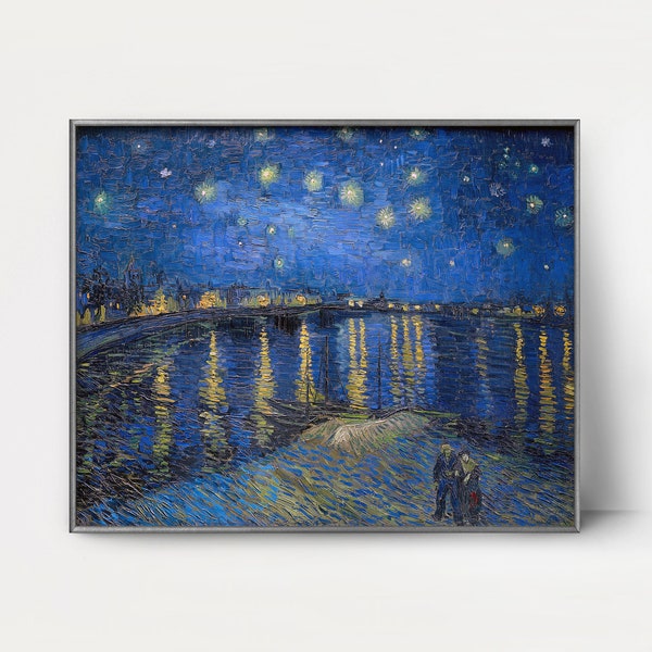 Starry Night Over the Rhone by Van Gogh Print DOWNLOAD --- 1880s cobalt blue sky print van gogh painting, french river landscape print