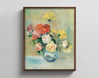 1880s Vase of Roses and Dahlias Renoir Print --- country flower art, impressionist flower painting, antique floral still life