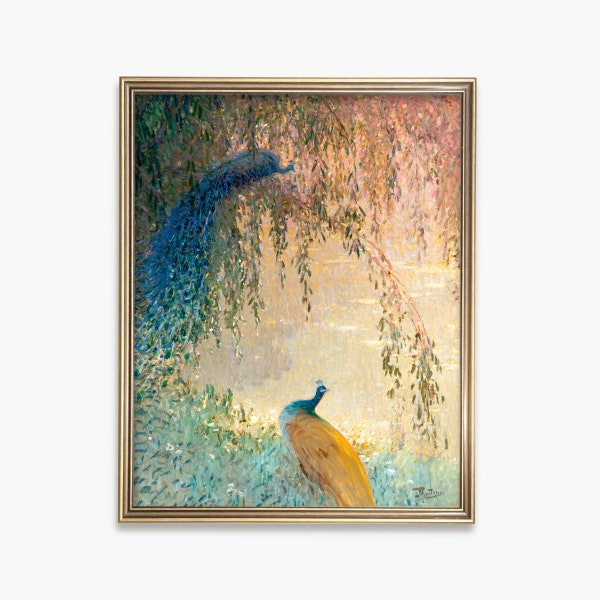 Peacock Art 1930s Exotic Bird Print --- willow tree wall art, river landscape, impressionist painting, vintage peacock print