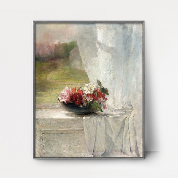 Flowers on a Window Ledge 1860s Rose Painting --- red roses, feminine wall art, romantic bedroom window painting, bouquet print