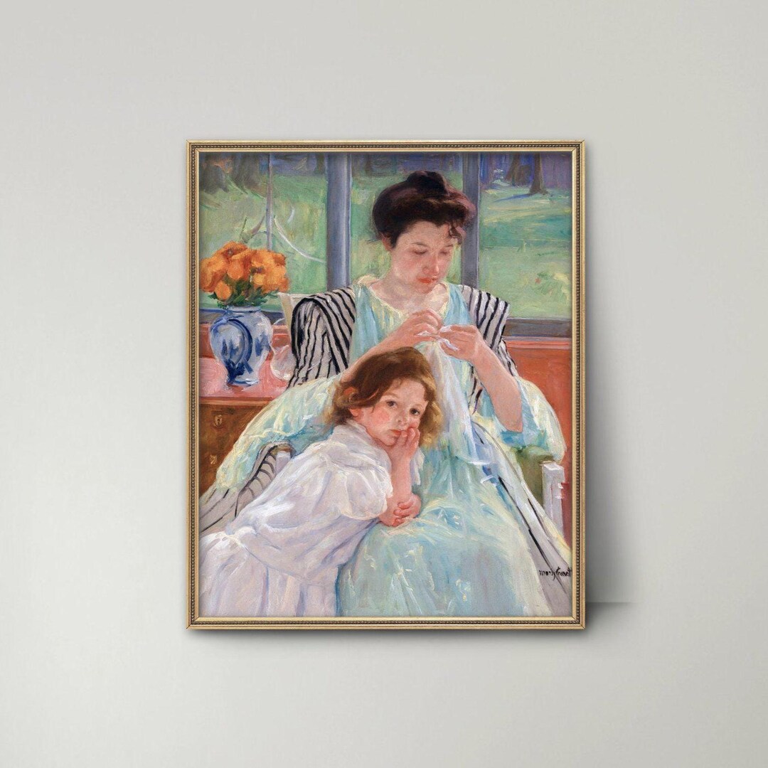 裁縫をする若い母親 メアリー・カサット プリント - 母と娘のポート