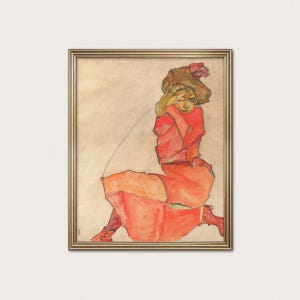 Puede incluir: Una pintura enmarcada de acuarela y gouache que representa una figura con vestido y sombrero rojos, sentada con una mano levantada hacia la cabeza. La obra presenta líneas expresivas y tonos cálidos anaranjados y rojos.