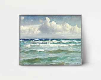 Paysage marin des vagues déferlantes des années 1920 IMPRIMABLE --- peinture impressionniste vintage océan | impression de nuages blancs, art côtier vert d'eau, art mural océan