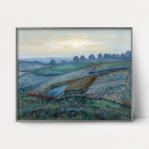 Impression de paysage d'Arnhem des années 1900 de Piet Mondrian --- art du paysage brumeux, aquarelle onirique, art mural paysage du matin