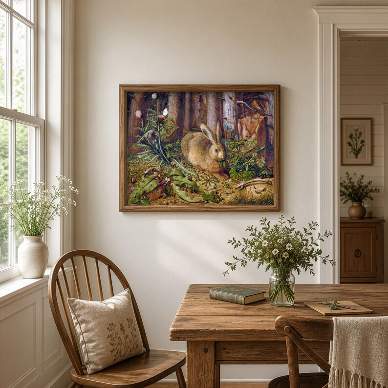 May include: A rectangular framed wall art print featuring a detailed illustration of a brown rabbit sitting in a lush forest setting with green foliage, tall trees, and small blue flowers, enclosed in a simple medium-toned wooden frame.