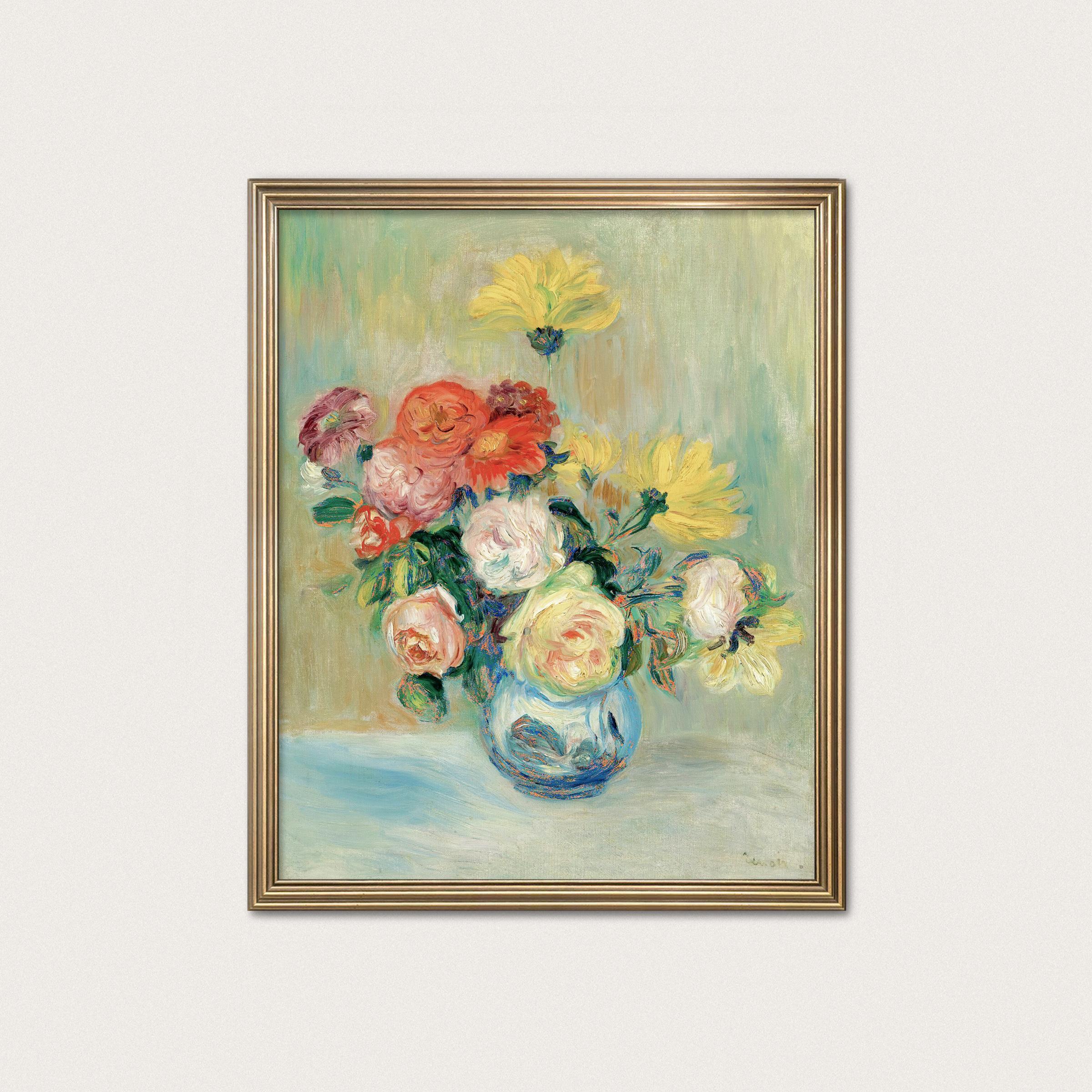 バラとダリアの花瓶 ルノワール版画 - カントリーフラワーアート、花の