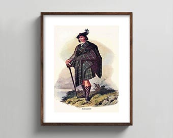 PRINTABLE MacLeod Clan Print - Vintage Scottish wall painting, Gift for Men