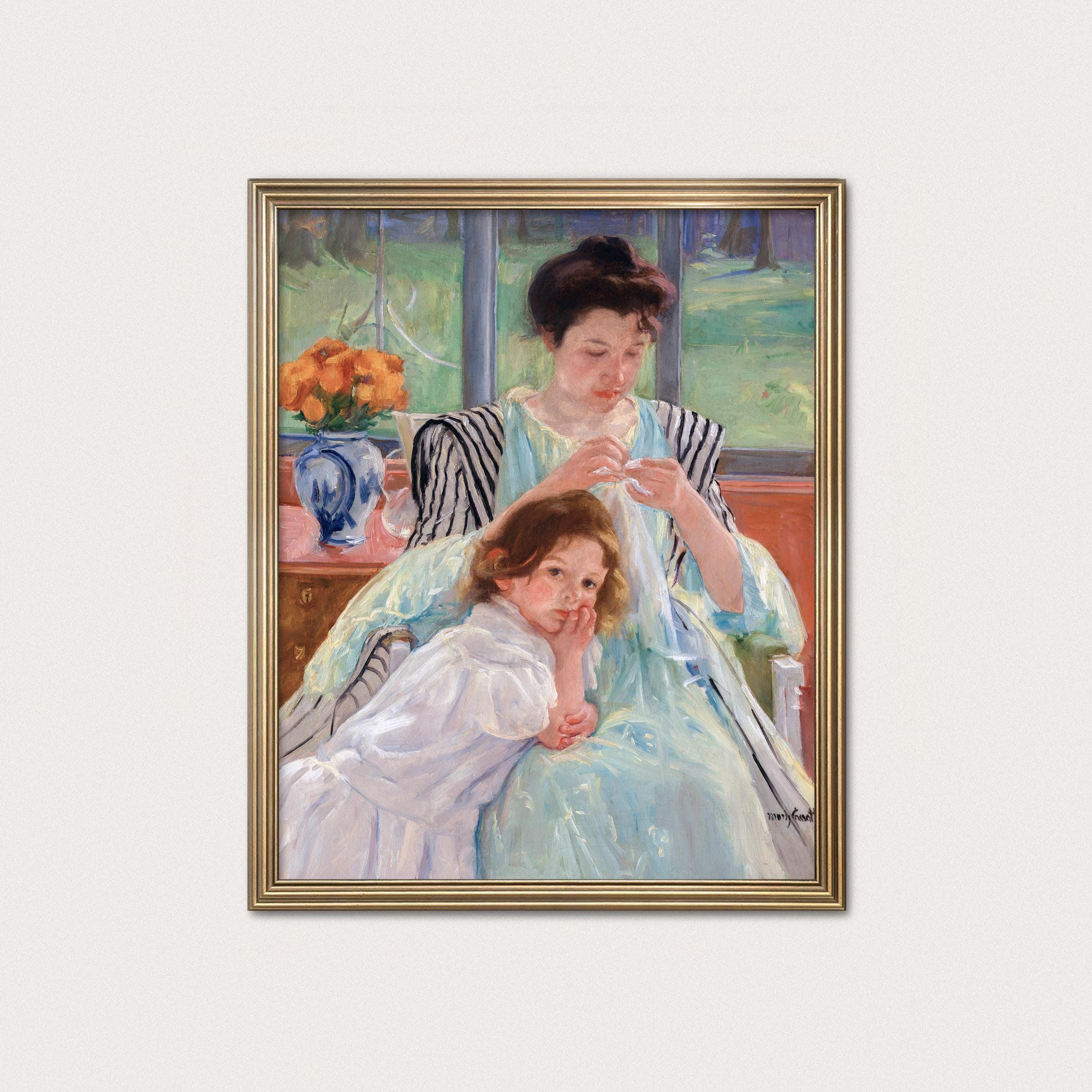 若い母親が裁縫をするメアリー・カサットのプリント - 母と娘のポート