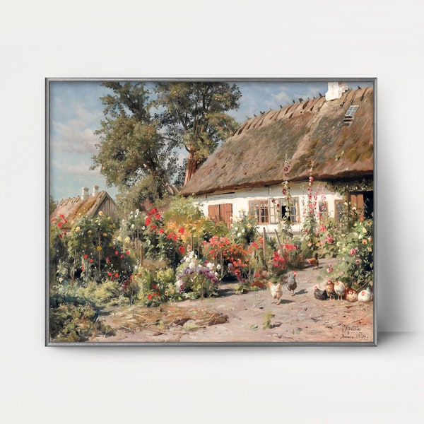 Cottage Garden with Chickens 1900s Country Landscape Painting --- scandinavian print, thatched roof art, summer landscape art