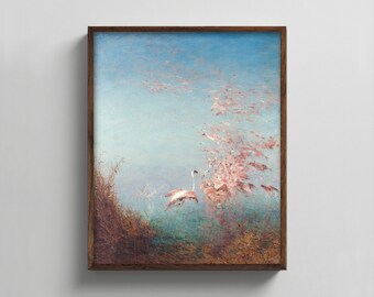 Flight of Pink Flamingos 1890s Coastal Bird Painting --- french impressionist flamingo print, chic ocean decor, flying birds art