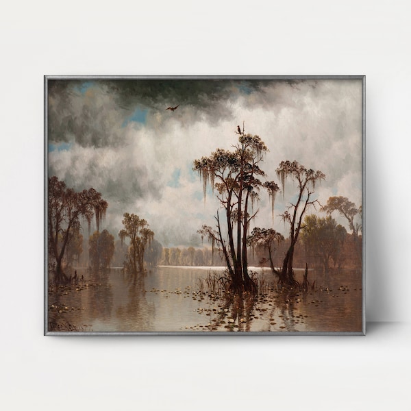 Impression de cyprès du sud du bayou de la Louisiane des années 1870 --- décor de lac victorien, art mural universitaire sombre, art de paysage de nuage d'orage