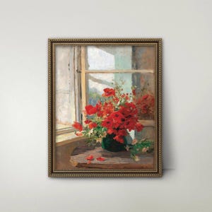 Poppies by a Window Poppy Painting Printable - red poppies, vase of flowers wall art