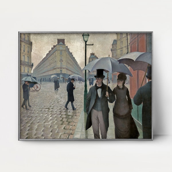 Paris Street 1870s Paris Wall Art --- french architecture print, romantic couple, cityscape painting, rainy city landscape