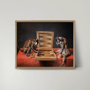 Monkeys at Backgammon Anthropomorphic Monkey Painting - vintage monkey print