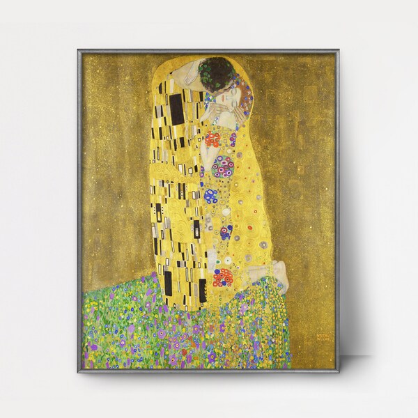 The Kiss by Gustav Klimt Print DOWNLOAD • 1908 modern art painting | Romantic art nouveau print of chic lovers | Golden yellow bedroom decor