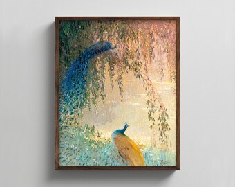 Peacock Art 1930s Exotic Bird Print --- willow tree wall art, river landscape, impressionist painting, vintage peacock print