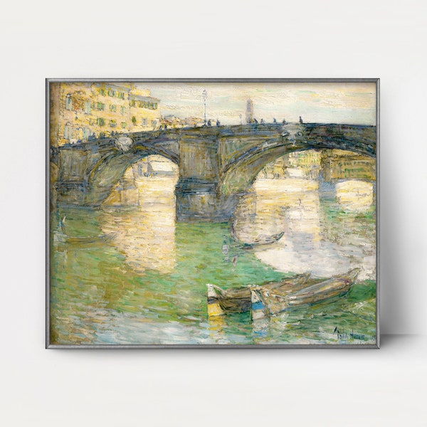 1890s Florence Italy Print -- impressionist city art summer landscape painting, bridge cityscape, nautical wall art