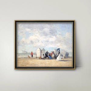 Beach Scene French Seascape Painting - antique beach print, summer cloud art