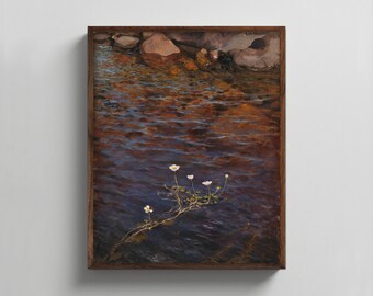 Pond Water Crowfoot 1890s Lake Landscape Art --- rocky shore nature painting, sunlit shadows, pond landscape, wildflower art