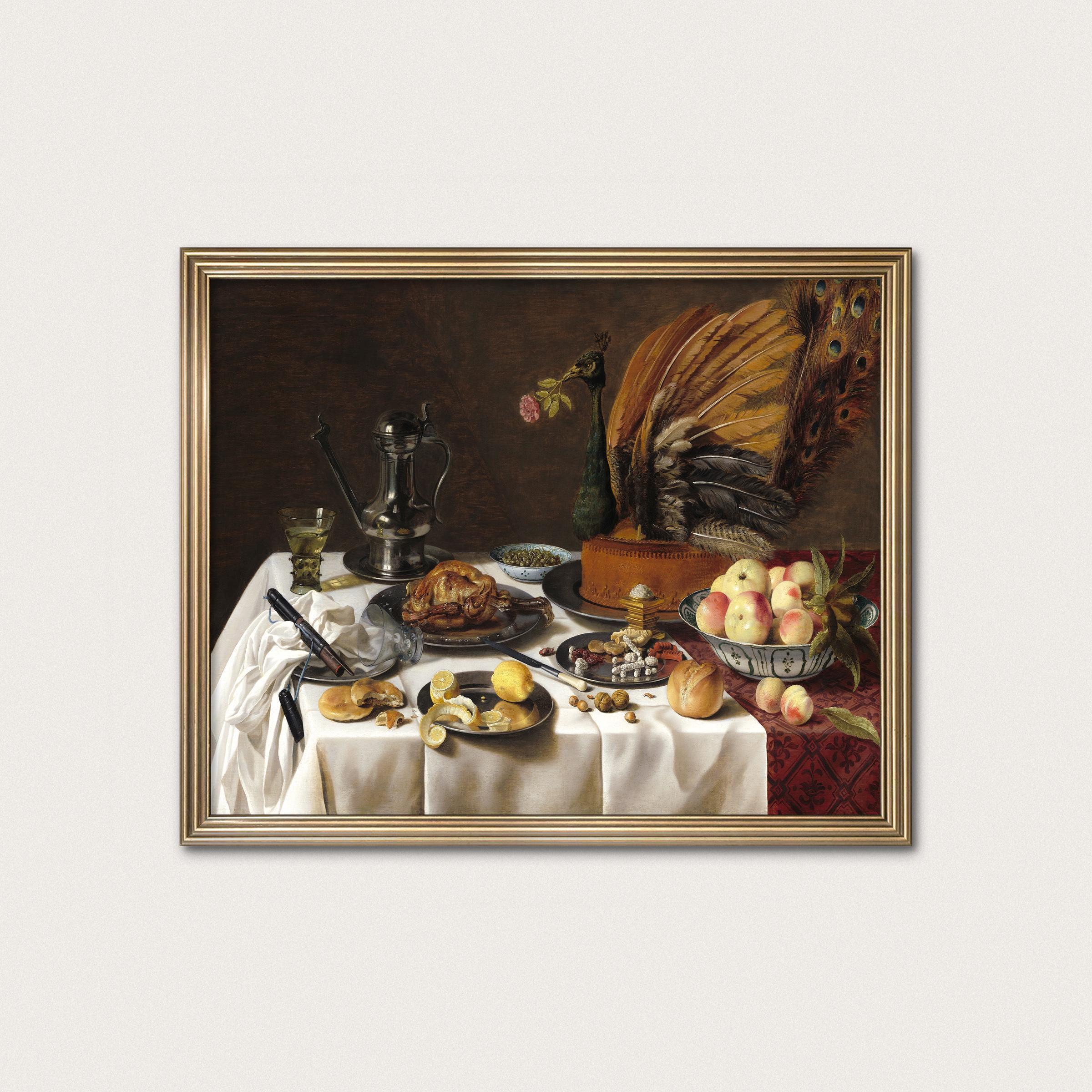 孔雀のパイの静物画アートプリント – 17世紀オランダ絵画（デジタル