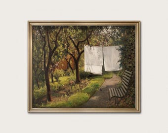 Laundry Line — A. Nielsen, 1929. Rustic Farmhouse Landscape. Cottage Scene. (Digital Download)