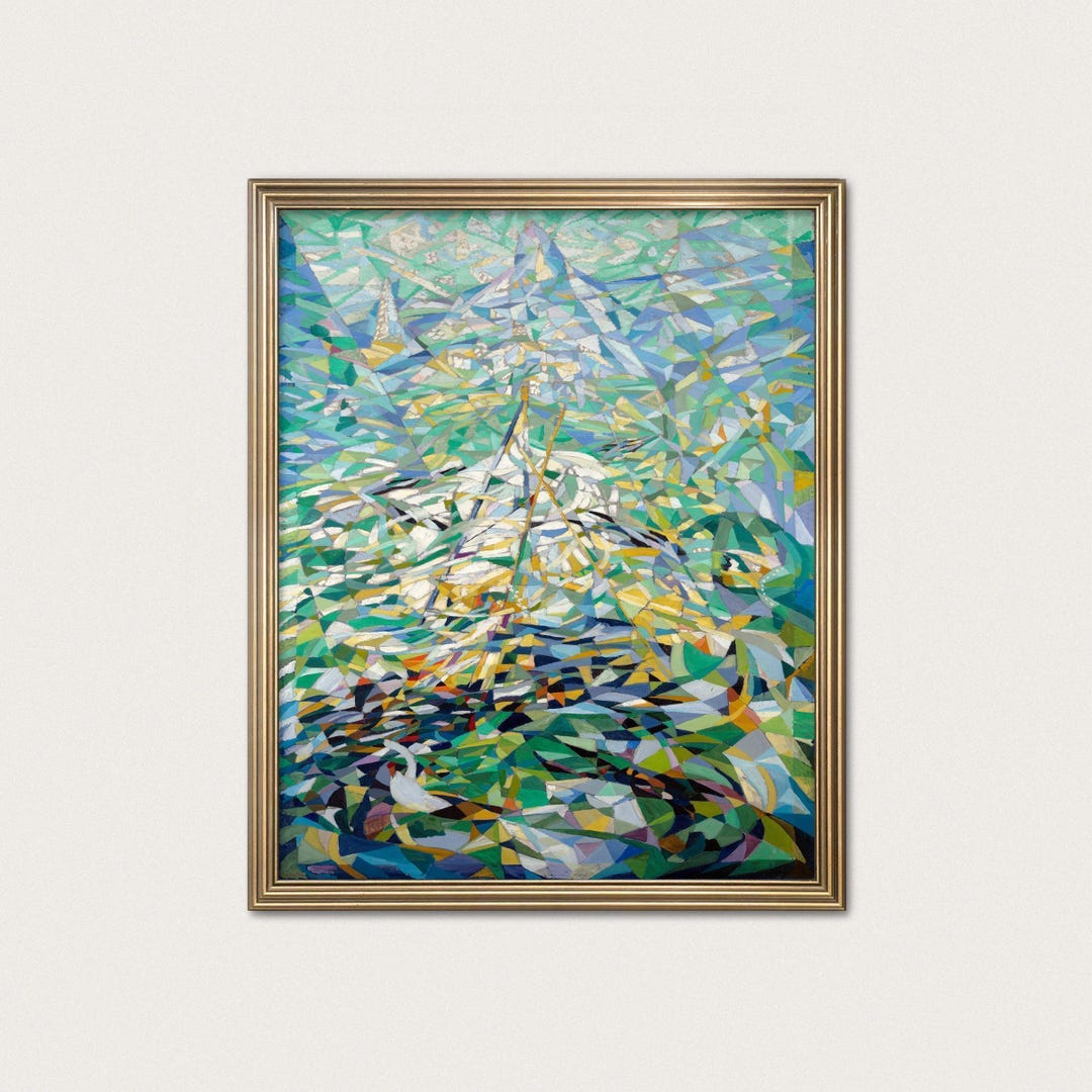抽象的な植物の油彩画 破れた春の抽象画｜光り輝く緑と黄色の壁画｜ジョセフ・ステラ 1916