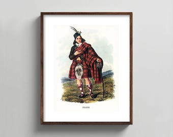 PRINTABLE Fraser Clan Print - Vintage Scottish wall painting, Gift for Men
