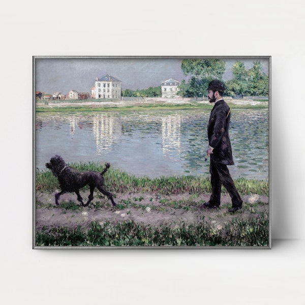 Seine River 1870s French Impressionist Painting --- paris decor, chic poodle art, river landscape print, men's fashion wall art