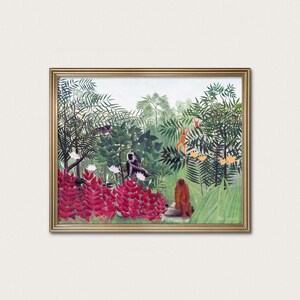 May include: A framed painting depicting a lush jungle scene with various monkeys, including a prominent orange primate sitting on a rock, surrounded by dense green foliage, tall palm-like trees, vibrant red plants, and several white and orange flowers.