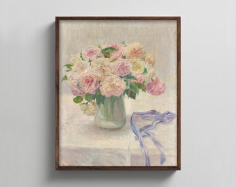 Blush Pink Roses 1910 Floral Still Life - pastel flower art, romantic rose print, balletcore bedroom, cream & pink rose painting