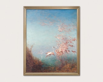 ピンク色のフラミンゴの飛翔を描いた沿岸鳥の絵画 - 印象派のフラミンゴ壁画（デジタルダウンロード）