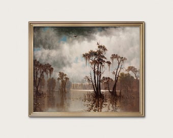 Louisiana Bayou Southern Cypress Tree Print - lake decor, dark wall art · Digital Download