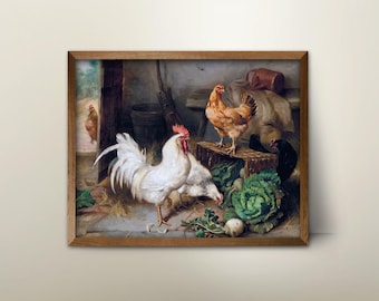 Rustic Barn Chickens Print Instant Download - Vintage Farmhouse Digital Painting