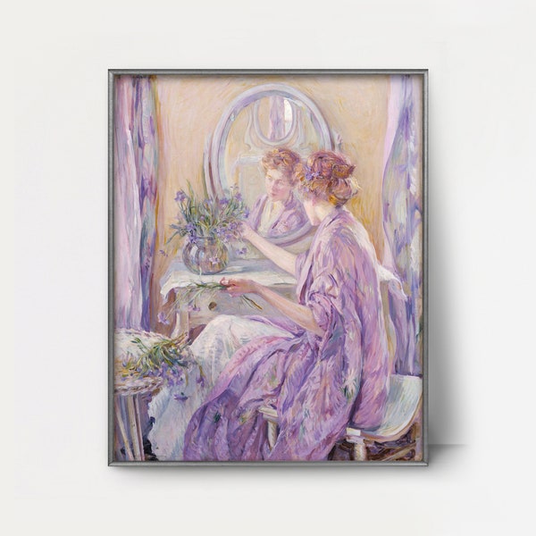 The Violet Kimono 1900s Boudoir Print --- feminine wall art, chic woman portrait, romantic painting, lavender bedroom decor