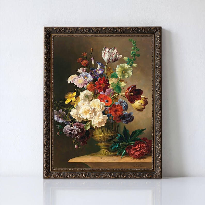 Bodegón floral de flores de verano - pintura floral holandesa, arte floral oscuro · Descarga digital imagen 2