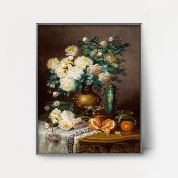 White Roses & Oranges 1890s PRINTABLE • Antique floral still life | Detailed opulent fruit and flower painting | Elegant botanical art print